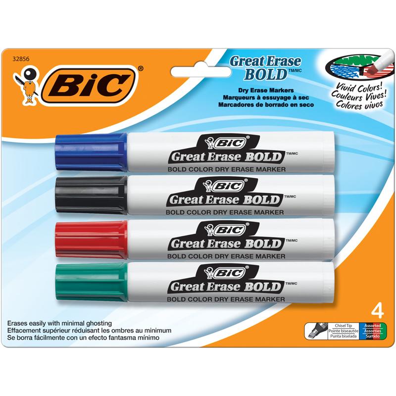 Great Erase® BOLD Dry Erase Marker, Tank Style, Chisel Tip, Assorted Colors, Pack of 4