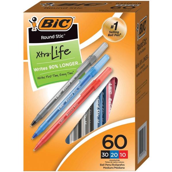  Bic Round Stic Ballpoint Pens - Medium Pen Point - Round Pen Point Style - Refillable - 60/Box