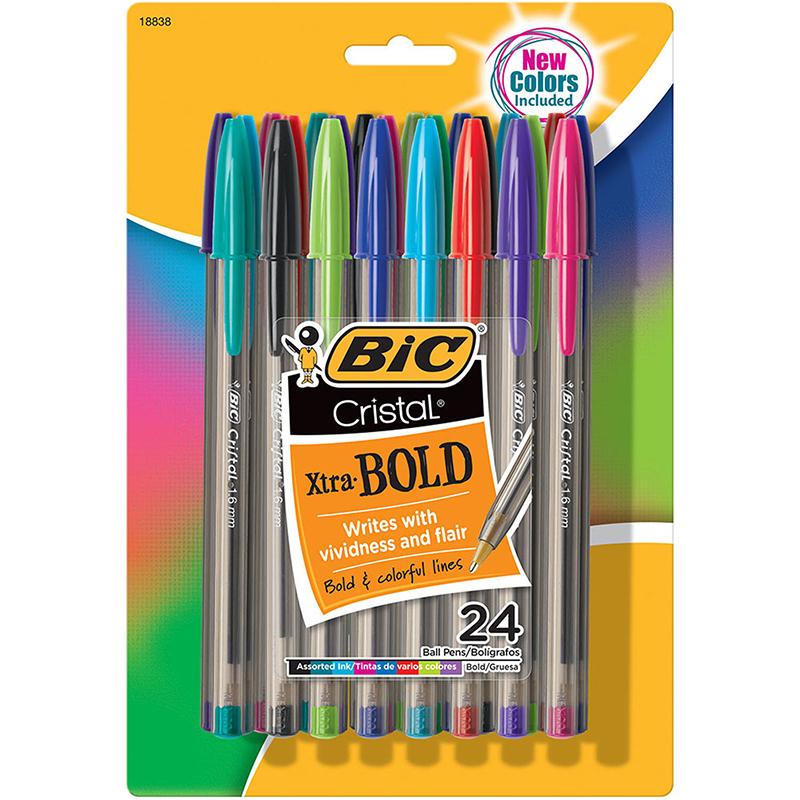 BIC Cristal Ballpoint Pen - Bold Pen Point - 1.6 mm Pen Point Size - Assorted, Multi - Translucent Barrel - 24