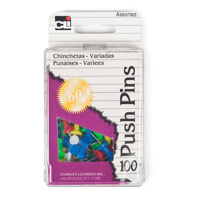 Push Pins, Asstd Colors, 100/Box