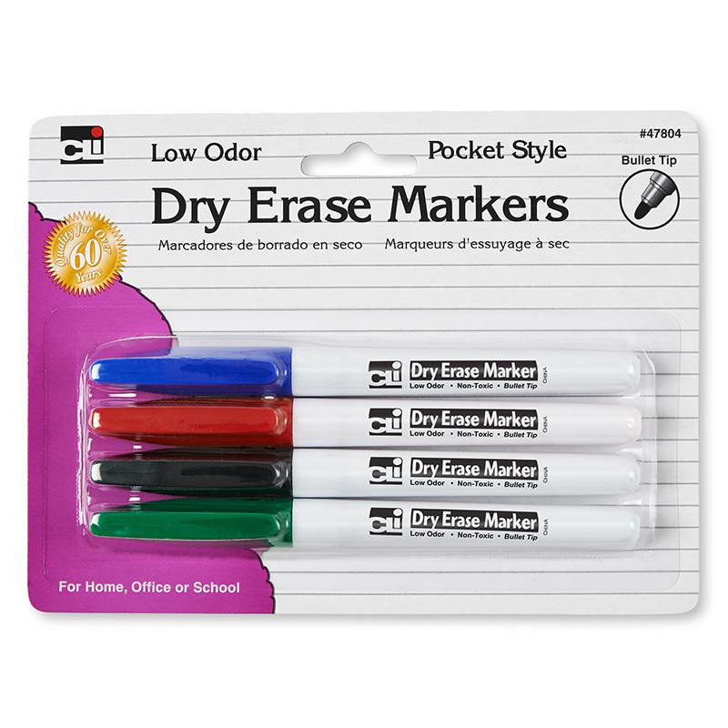 Dry Erase Markers, 4-color set, Bullet Tip