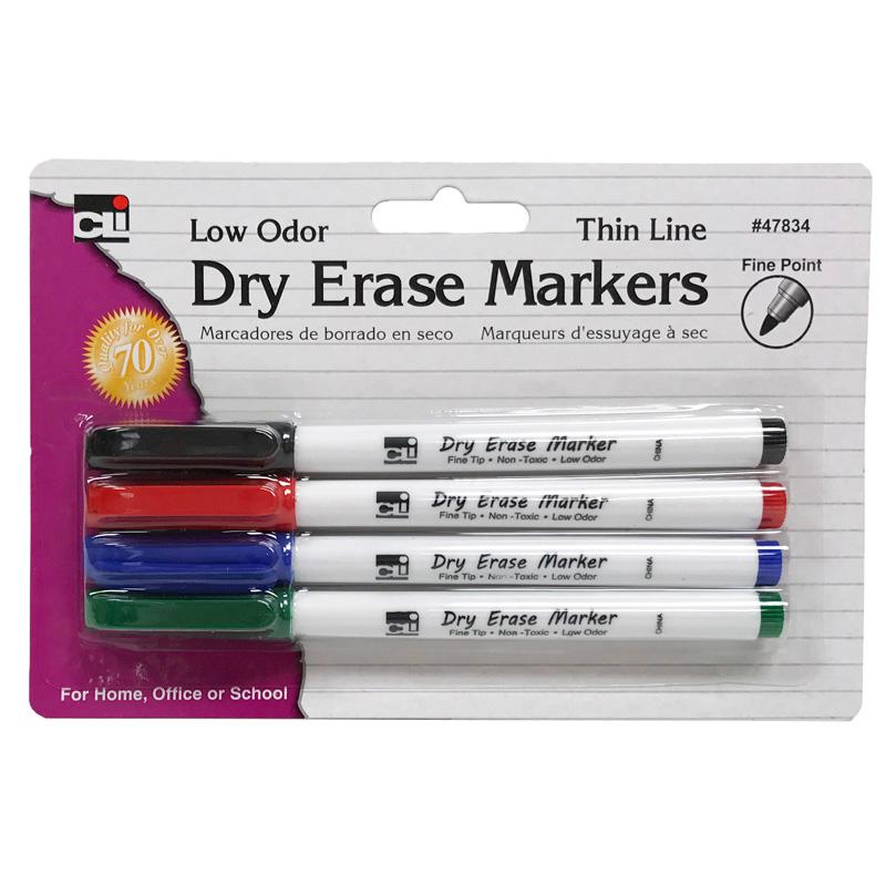 Dry Erase Markers, Thin Line Style, Assorted Colors, 4/Card