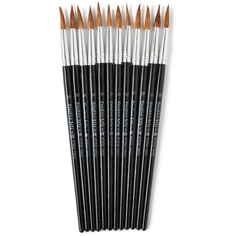 Water Color Paint Brushes with Round Pointed Tip, # 10, 0.93 Inch, Camel Hair, Black Handle, 12/Pack