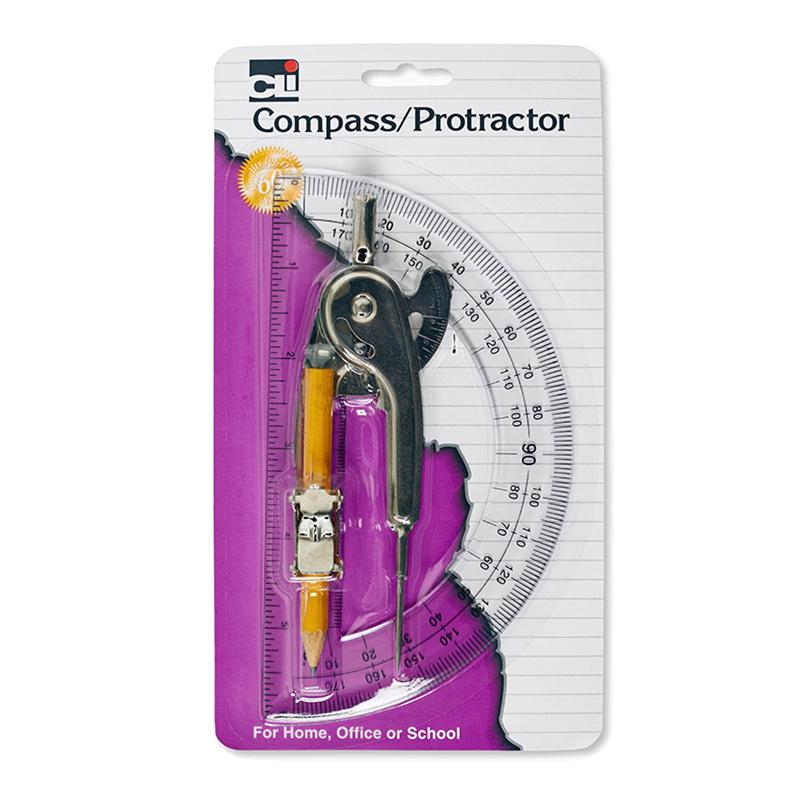  Ball Bearing Compass & 6 Inch Protractor Combo Set, Metal/Clear Plastic