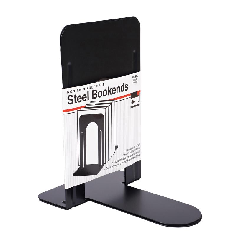 Bookends with Non-Skid Base, 9 Inch Steel, Black, 1 Pair
