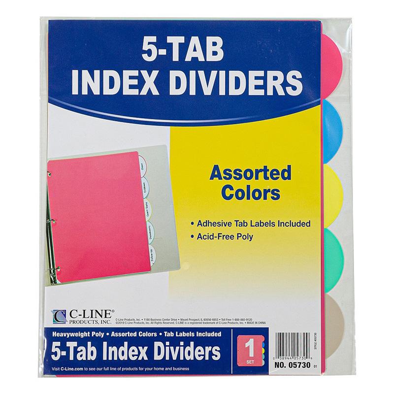  C- Line & Reg ; 5- Tab Poly Index Dividers Wo/Slant Pocket, Asstd Colors