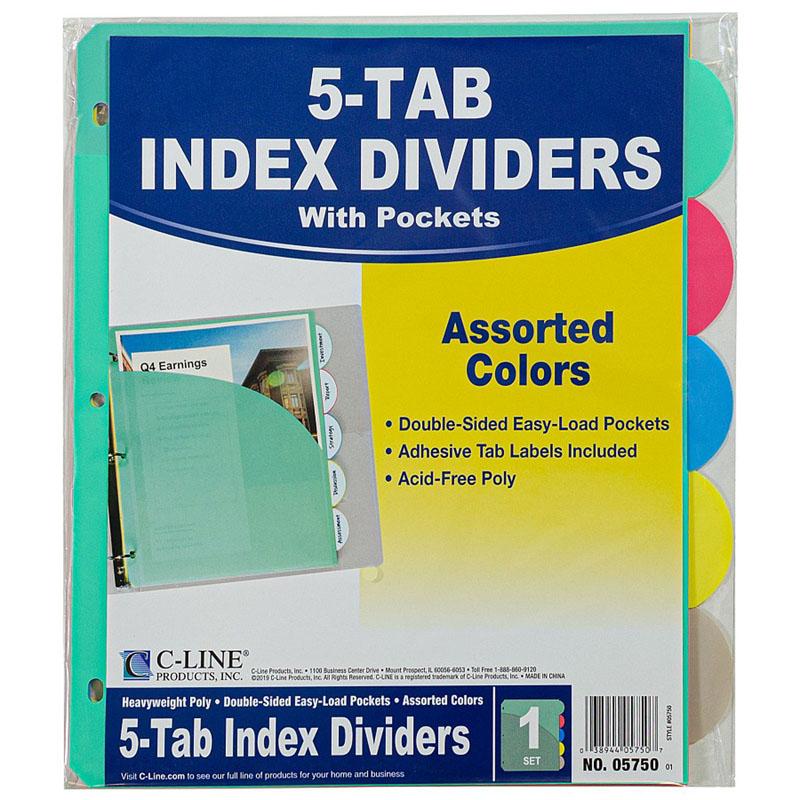 C-Line® 5-Tab Poly Index Dividers w/Slant Pocket, Asstd Colors