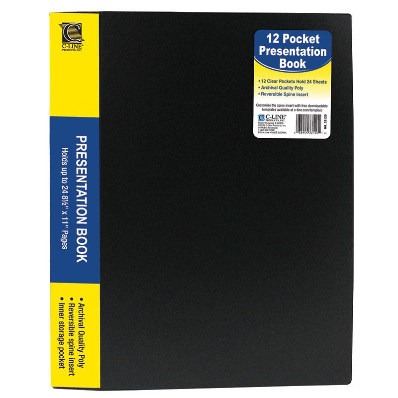 C-Line 12-Pocket Bound Sheet Protector Presentation Book - Black Cover, Clear Pages, 1/EA, 33120