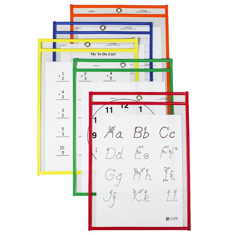 C-Line Reusable Dry Erase Pockets - Study Aid - Assorted Primary Colors, 9 x 12, 25/BX, 40620
