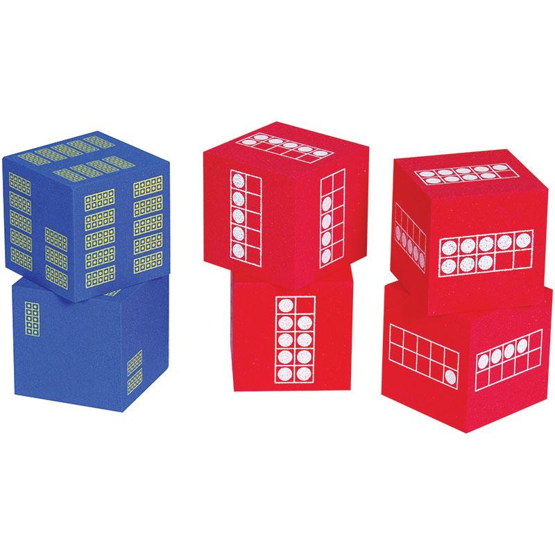 Ten Frame Foam Dice, Set of 6: 4 red and 2 blue