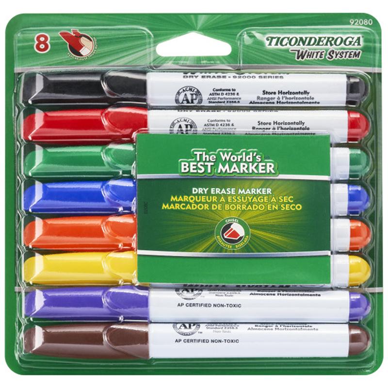Dixon Chisel Tip Dry-erase Markers - Chisel Marker Point Style - No - Black, Blue, Green, Orange, Purple, Red, Yellow, Brown - White Barrel - 8 / Set