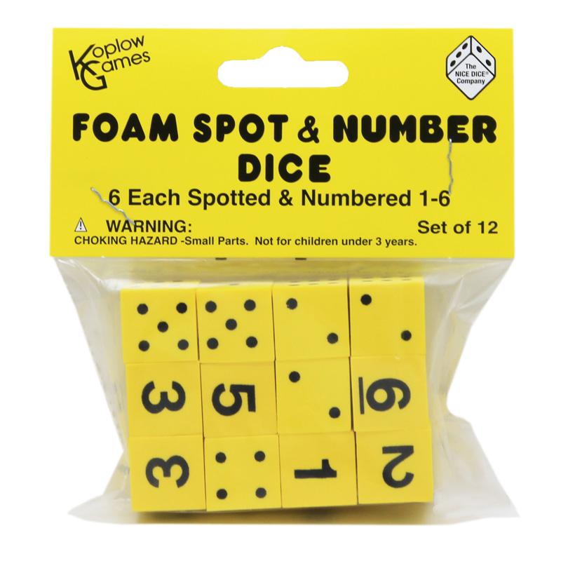 Yellow Spot & Number 16mm Foam Dice, Pack of 12