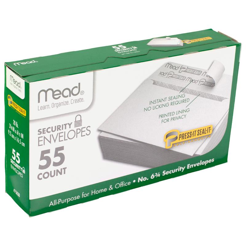Mead Press-it No. 6 Security Envelopes - Security - #6 3/4 - Peel & Seal - 55 / Box - White