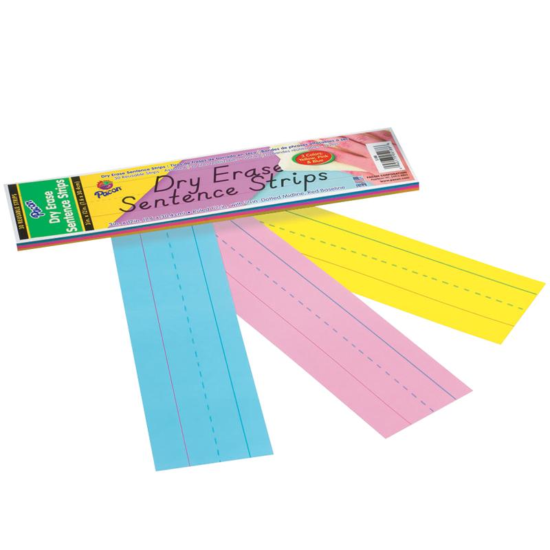  Dry Erase Sentence Strips, 3 Assorted Colors, 1- 1/2 