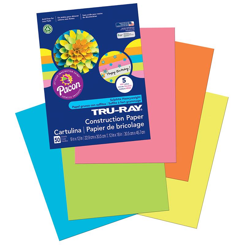 Tru-Ray® Construction Paper, 5 Assorted Hot Colors, 9