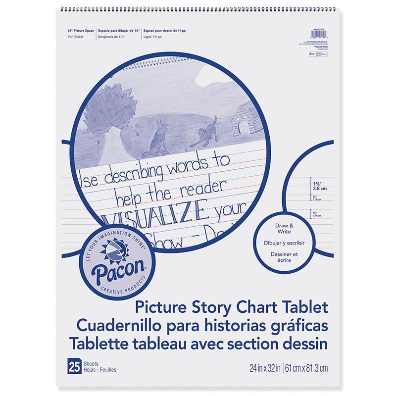 Pacon Ruled Picture Story Chart Tablet - 25 Sheets - Spiral Bound - Both Side Ruling Surface - Ruled - 1.50