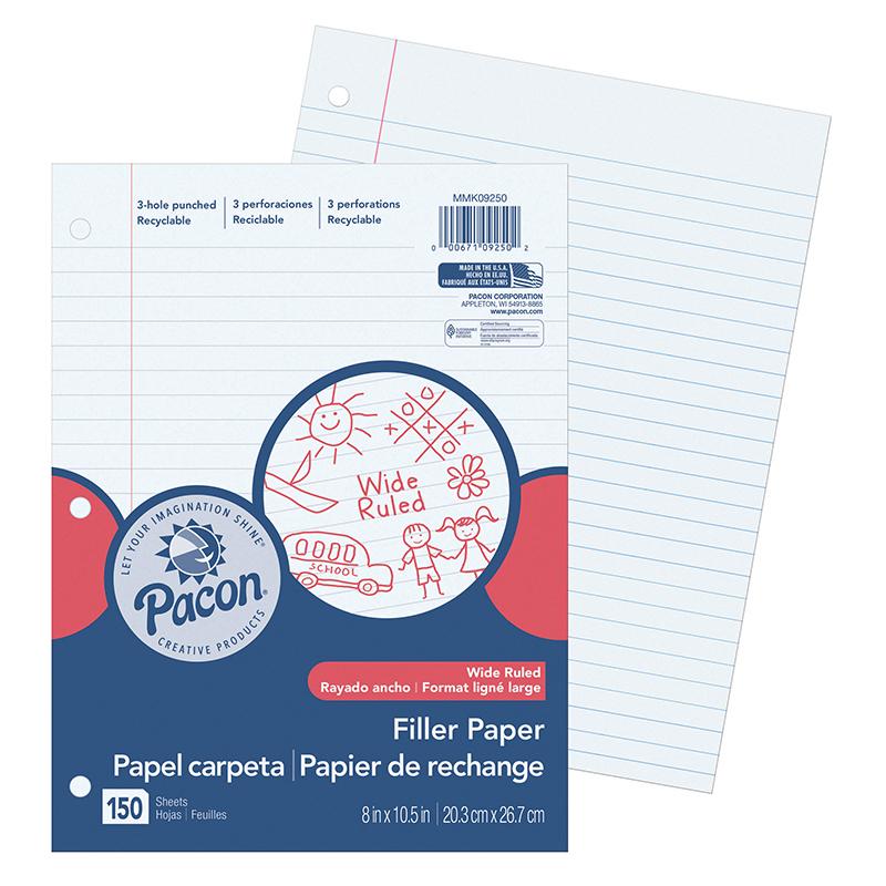Filler Paper, White, 3-Hole Punched, Red Margin, 3/8