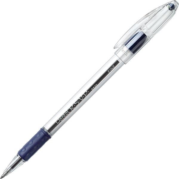Pentel R.S.V.P. Ballpoint Stick Pens - Fine Pen Point - 0.7 mm Pen Point Size - Refillable - Blue - Clear Barrel