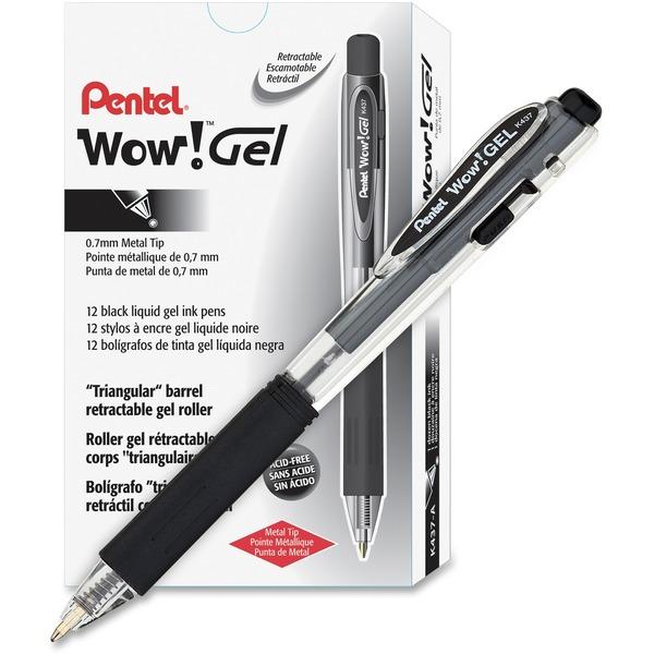 Pentel Wow! Gel Pens - Medium Pen Point - 0.7 mm Pen Point Size - Retractable - Black Gel-based Ink - Clear Barrel - 12 / Dozen