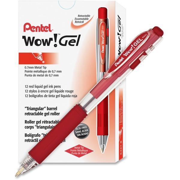Pentel Wow! Gel Pens - Medium Pen Point - 0.7 mm Pen Point Size - Retractable - Red Gel-based Ink - Clear Barrel - 12 / Dozen