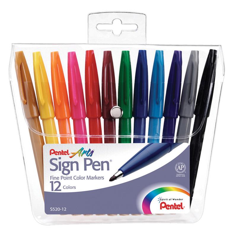 Pentel Arts Fiber-tipped Sign Pens - Bold Pen Point - Assorted Water Based Ink - Black Barrel - Fiber Tip - 12 / Pack