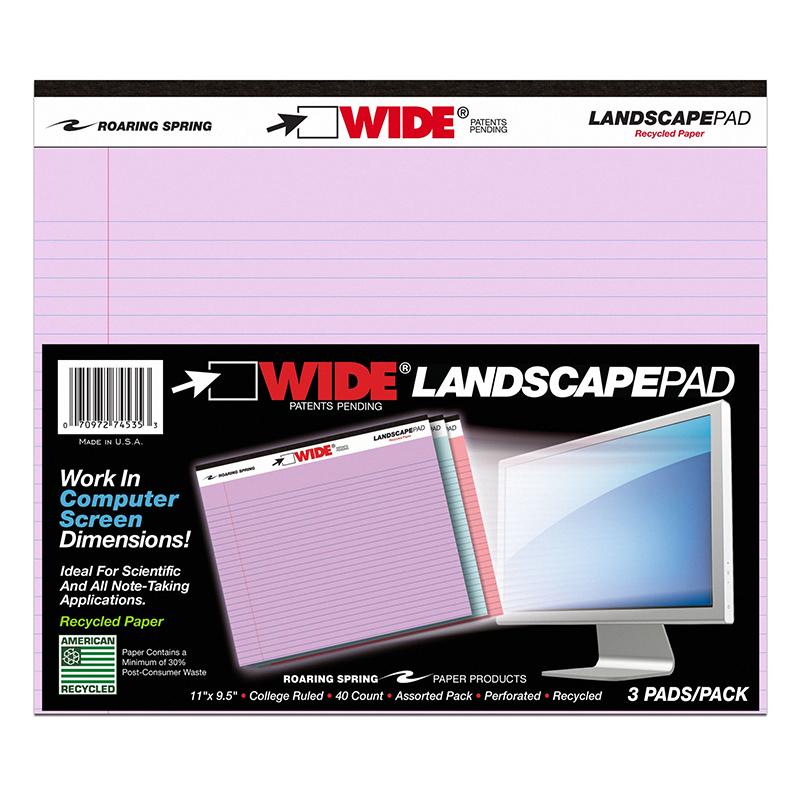 Legal Pad, Landscape, Assorted 3-Pack, Orchid/Blue/Pink