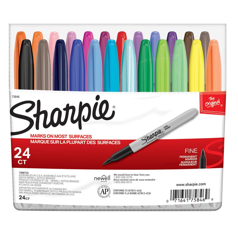 Sharpie Fine Point Permanent Marker - Fine Marker Point - 1 mm Marker Point Size - Black, Blue, Red, Green, Yellow, Purple, Brown, Orange, Berry, Lime, Aqua, ... Alcohol Based Ink - 24 / Set