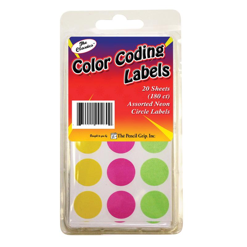 Color Coding Labels, 20sheets (180 ct), Assorted Neon Circle Labels