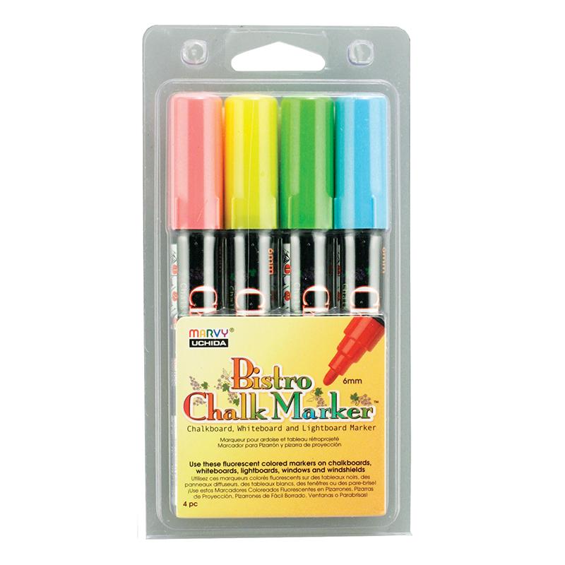 Marvy Uchida Bistro Erasable Chalk Markers - 6 mm Marker Point Size - Fluorescent Red, Fluorescent Green, Fluorescent Blue, Fluorescent Yellow Water Based Ink - 4 / Pack