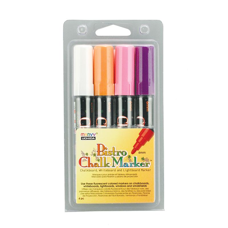 Marvy Uchida Bistro Erasable Chalk Markers - 6 mm Marker Point Size - White, Fluorescent Orange, Fluorescent Violet, Fluorescent Pink Water Based Ink - 4 / Pack