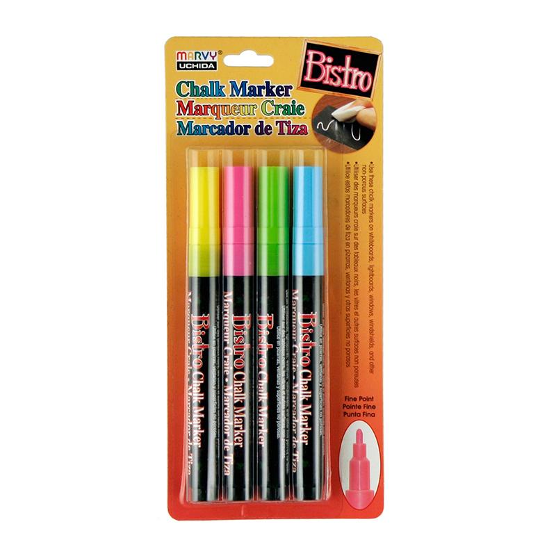 Marvy Bistro Fine Point Chalk Marker - Fine Marker Point - 3 mm Marker Point Size - Fluorescent Blue, Fluorescent Green, Fluorescent Yellow, Fluorescent Pink Water Based, Pigment-based Ink - 4 / Set