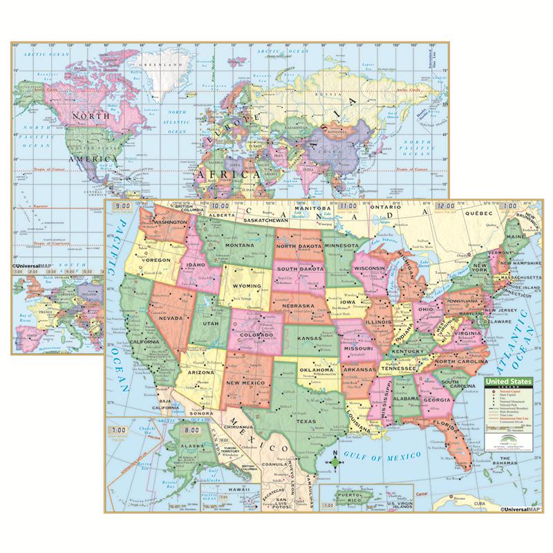  Us & World Primary Deskpad Map, Pack Of 5