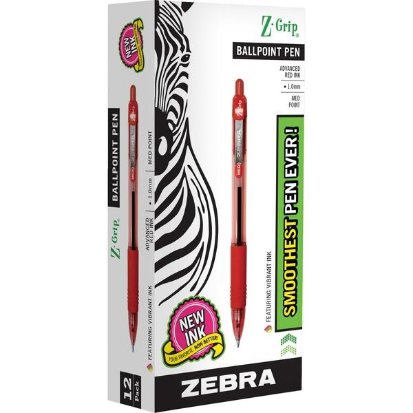 Zebra Pen Z-Grip Retractable Ballpoint Pens - Medium Pen Point - 1 mm Pen Point Size - Retractable - Red - Clear, Red Barrel - 12 / Dozen