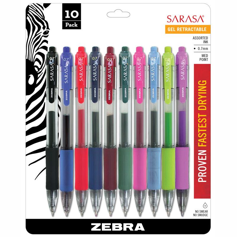 Zebra Pen Sarasa Gel Retractable Pens - Medium Pen Point - Refillable - Retractable - Assorted Pigment-based Ink - Translucent Barrel - 10 / Set