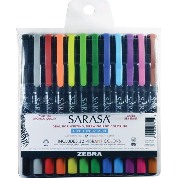  Zebra Pen Sarasa Fineliner Pen - Fine Marker Point - 1 Mm Marker Point Size - Assorted - Assorted Barrel - 12/Pack