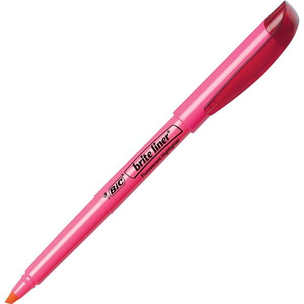  Bic Brite Liner Highlighters - Chisel Marker Point Style - Fluorescent Pink Water Based Ink - 12/Dozen