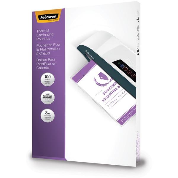 Fellowes Glossy Pouches - 3 mil, Legal, 100 pack - Sheet Size Supported: Legal - Laminating Pouch/Sheet Size: 9