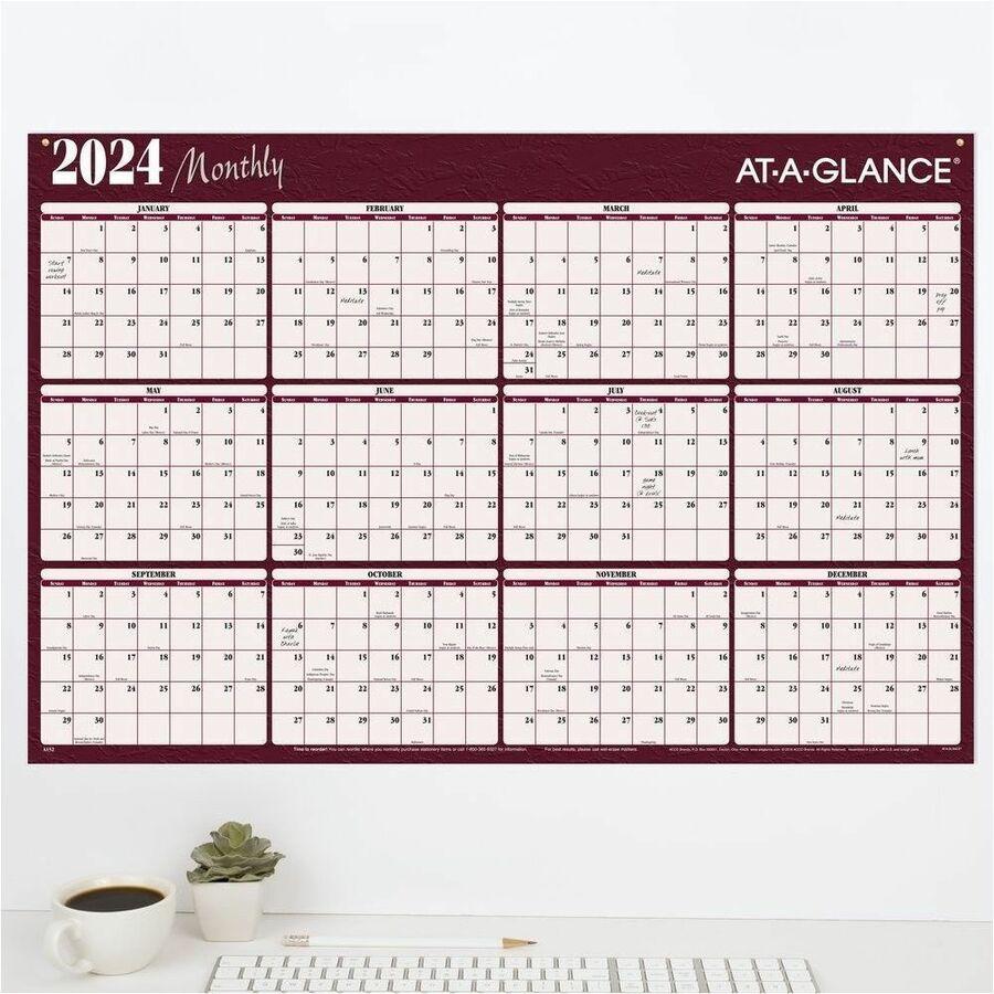 At-A-Glance Erasable/Reversible Horizontal Yearly Wall Planner - Monthly - 1 Year - January 2024 till December 2024 - 48