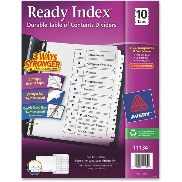  Avery & Reg ; Ready Index Binder Dividers - Customizable Table Of Contents - 10 X Divider (S)- 10 Tab (S)- 1- 10 - 10 Tab (S)/ Set - 8.5 