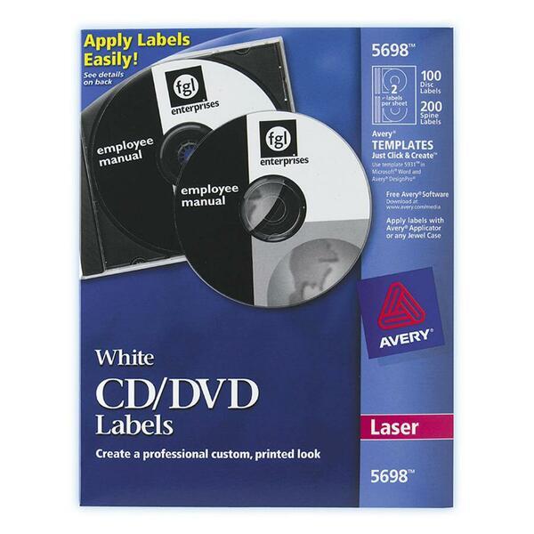 Avery® CD Labels with 200 Spine Labels - Permanent Adhesive Length - Circle - Laser - White - 2 / Sheet - 100 / Pack