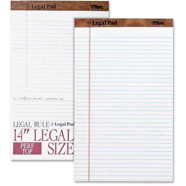 TOPS Wide - ruled Perforated Legal Pad - Legal - 50 Sheets - Double Stitched - 0.34