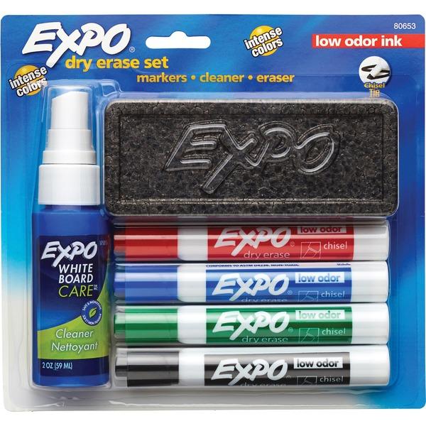 Expo Low-Odor Dry-erase Set - Chisel Marker Point Style - Black, Red, Blue, Green - Black, Red, Blue, Green Barrel - 4 / Set