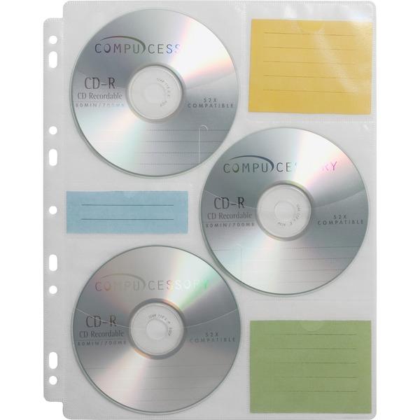 Compucessory CD/DVD Ring Binder Storage Pages - 6 x CD/DVD Capacity - 9 x Holes - Ring Binder - Clear - Polypropylene - 25 / Pack
