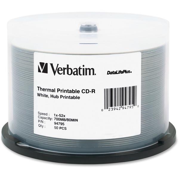 Verbatim CD-R 700MB 52X DataLifePlus White Thermal Printable, Hub Printable - 50pk Spindle - Printable - Thermal Printable