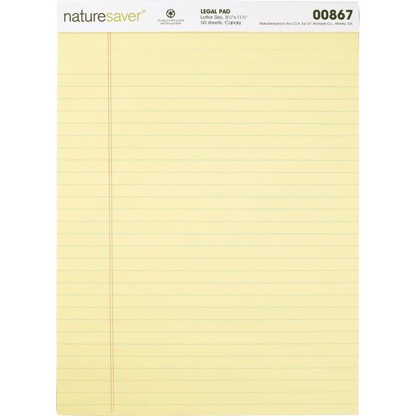 Nature Saver 100% Recycled Canary Legal Ruled Pads - 50 Sheets - 0.34