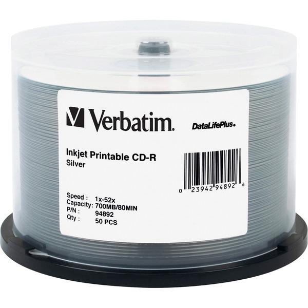  Verbatim Cd- R 700mb 52x Datalifeplus Silver Inkjet Printable - 50pk Spindle - Printable - Inkjet Printable