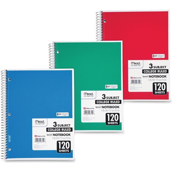 Mead 3 - Subject Wirebound College Ruled Notebooks - Letter - 120 Sheets - Spiral - 8 1/2