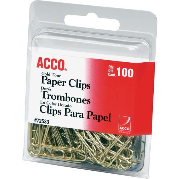 Acco Paper Clips - No. 2 - 10 Sheet Capacity - Long Lasting, Durable - 100 / Pack - Gold - Metal