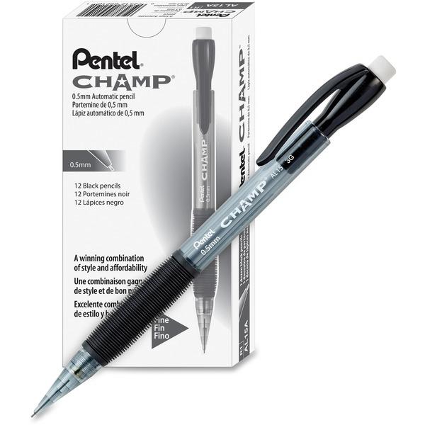 Pentel Champ Mechanical Pencils - #2 Lead - 0.5 mm Lead Diameter - Refillable - Black Barrel - 12 / Dozen