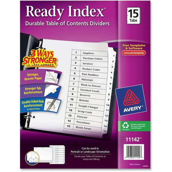 Avery® Ready Index Binder Dividers - Customizable Table of Contents - 15 x Divider(s) - 15 Tab(s) - 1-15 - 15 Tab(s)/Set - 8.5